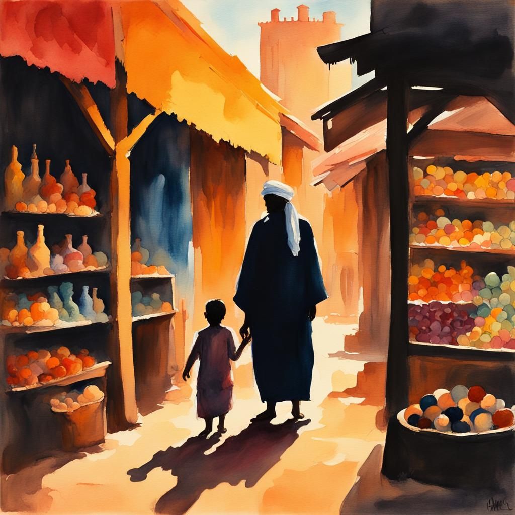 Arabian Market Scene in Impressionist Gouache Style