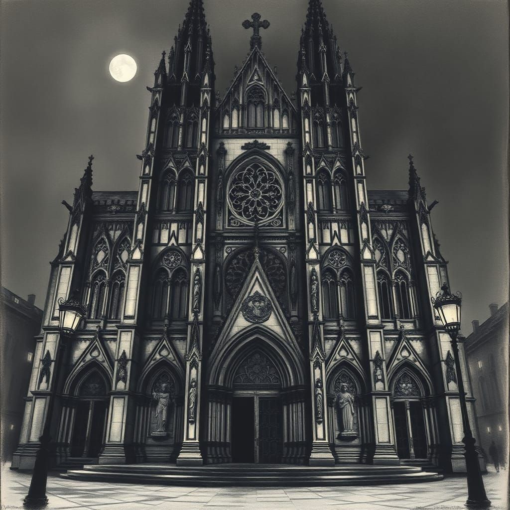 Gothic Cathedral at Night: Hyperdetailed Charcoal Drawing