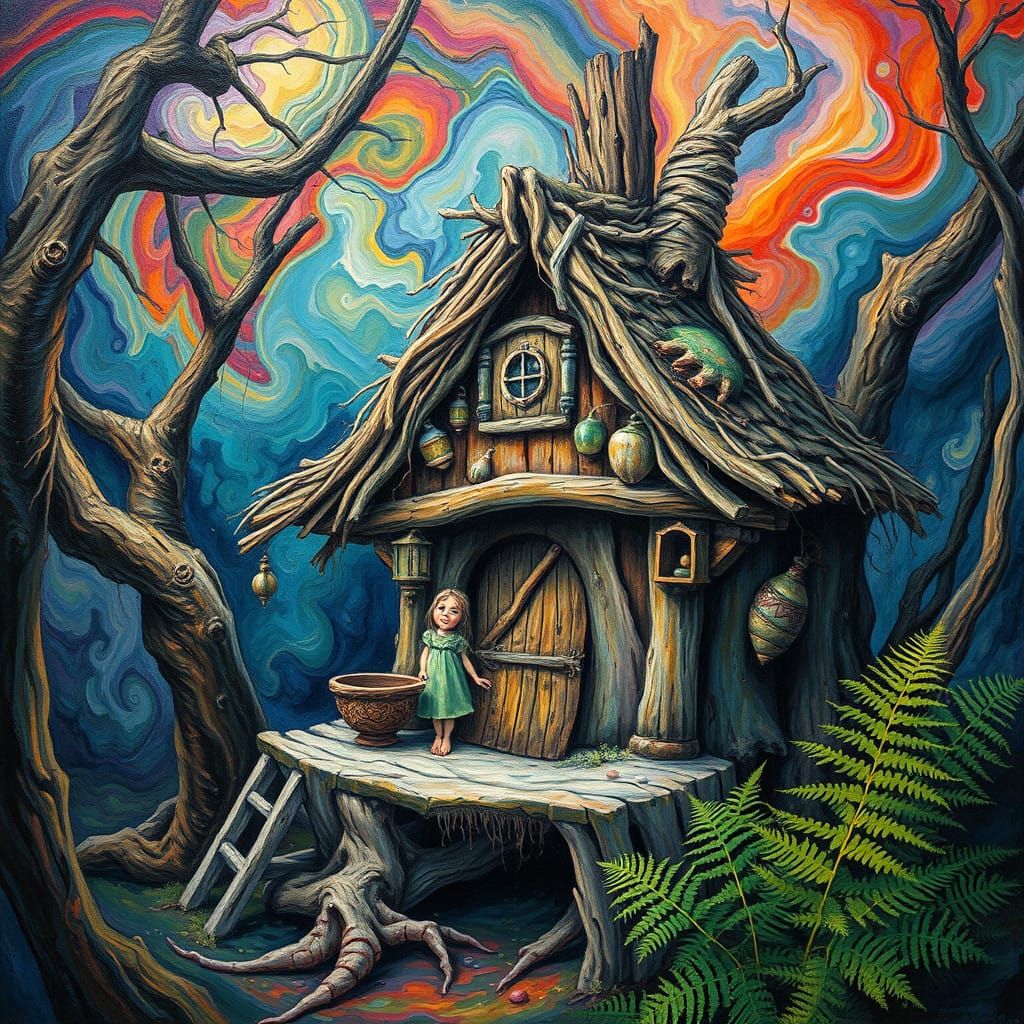 Mystical Baba Yaga Emerges from Whirlwind of Color