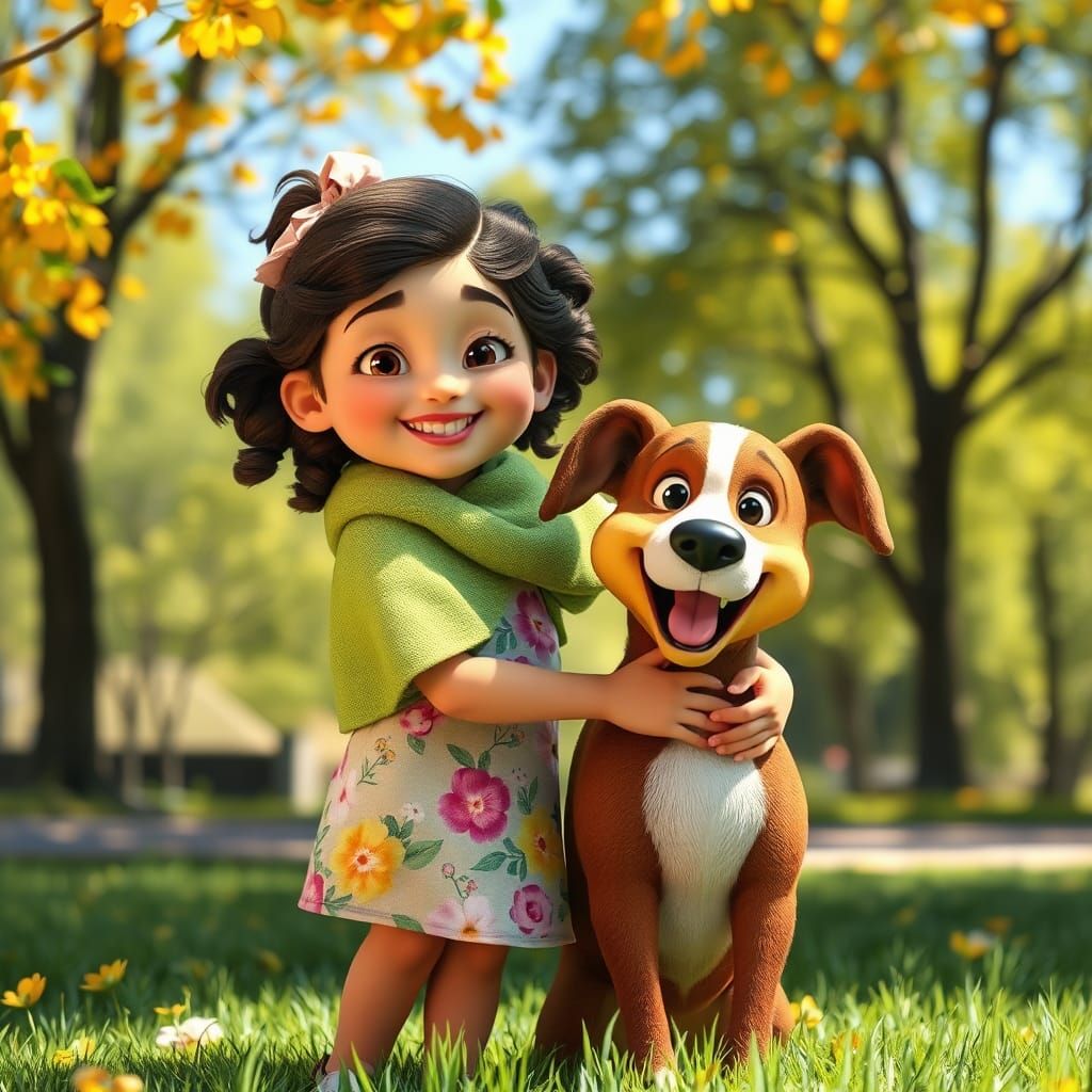 Girl Hugging Dog in Autumn Park: Pixar-style 3D Render