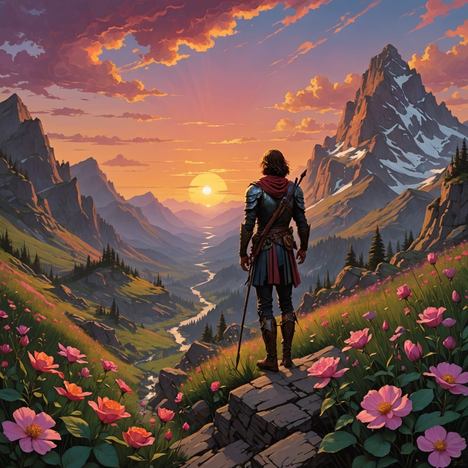 Ethereal Paladin Stands at Sunset's Edge