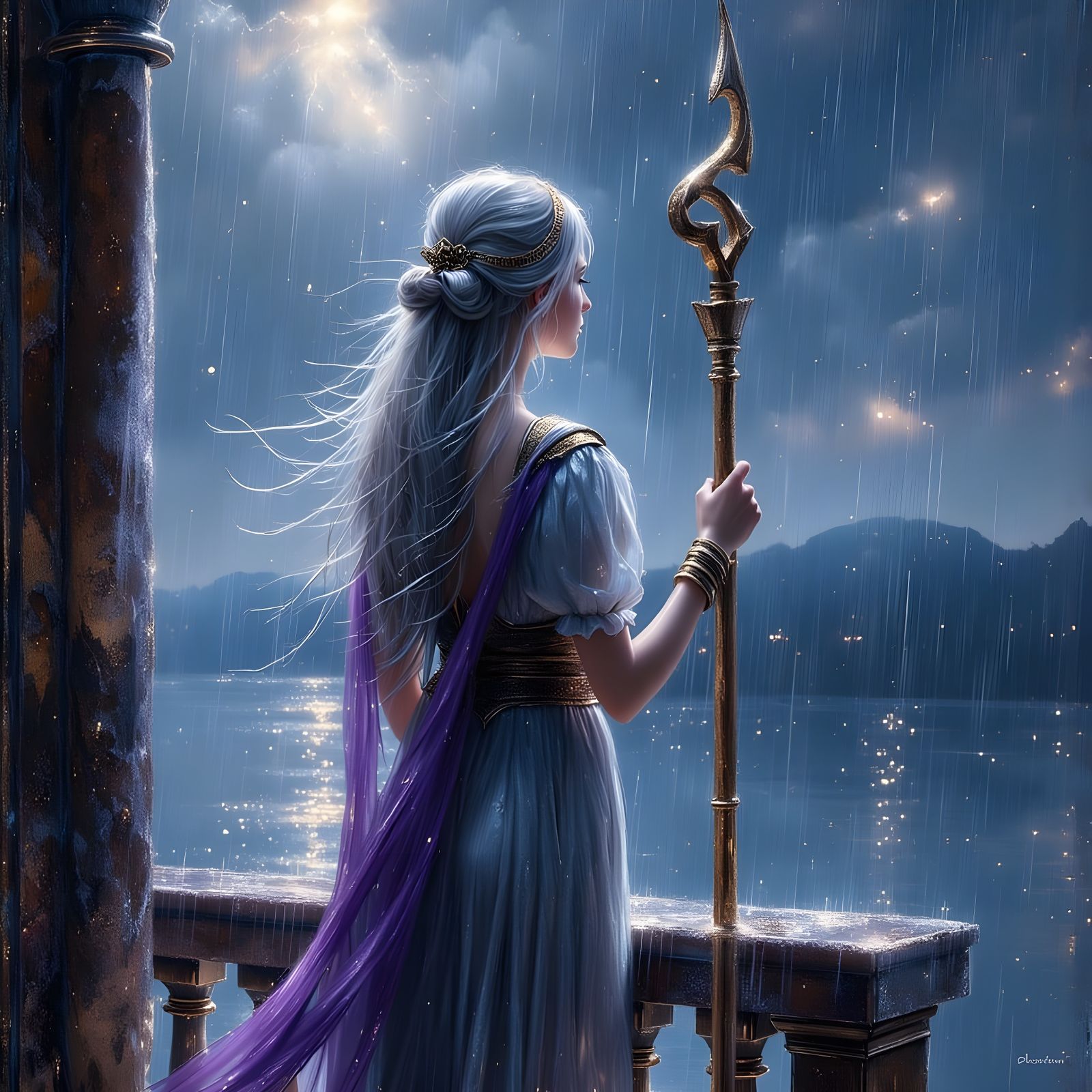 Norse Goddess on Balcony as Impressionist Oil Painting