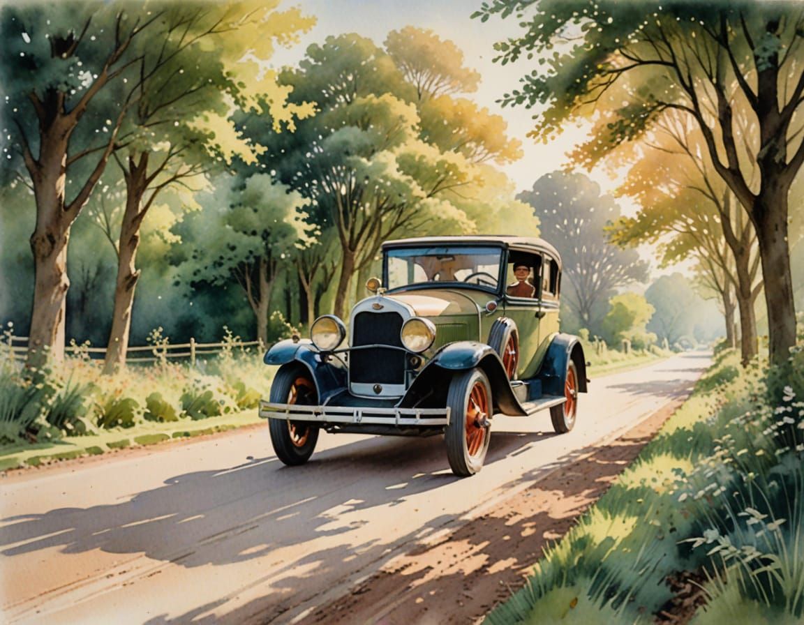 1920s Jalopy in Country Lane: Watercolour Painting