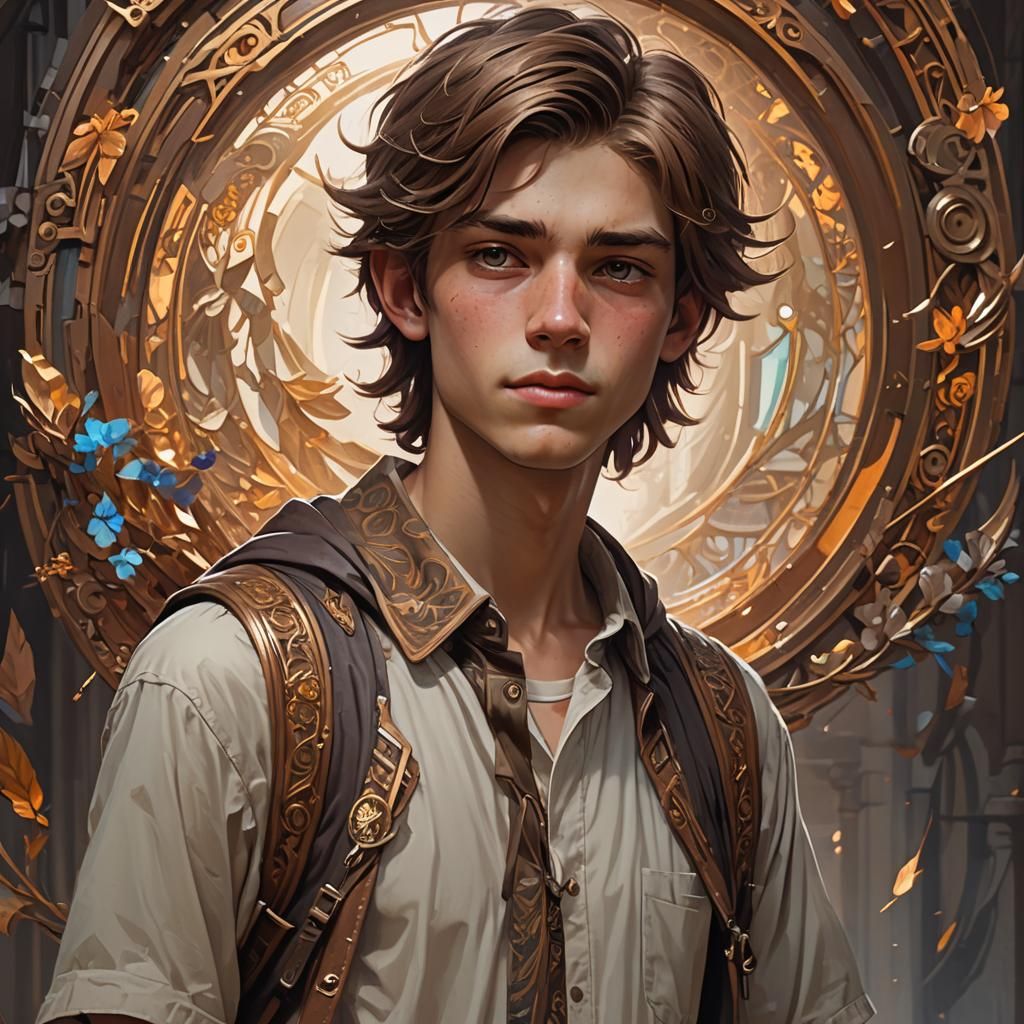 Detailed Portrait of a Brown-Haired Boy in Art Nouveau Style