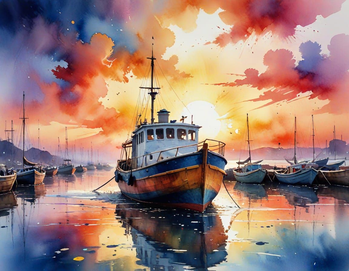 Neo-Impressionist Sunset Over Harbor With Old Boat