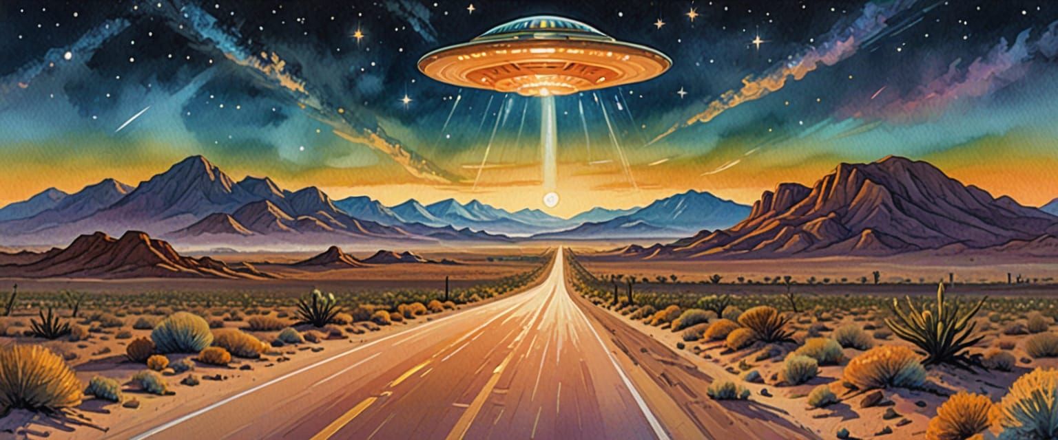 UFOs Over Desert Highway in Gouache Style