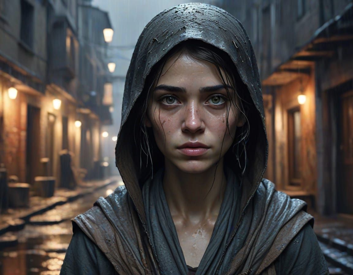 Eerie Dystopian Surrealism: Beautiful Beggar in Neon Alley
