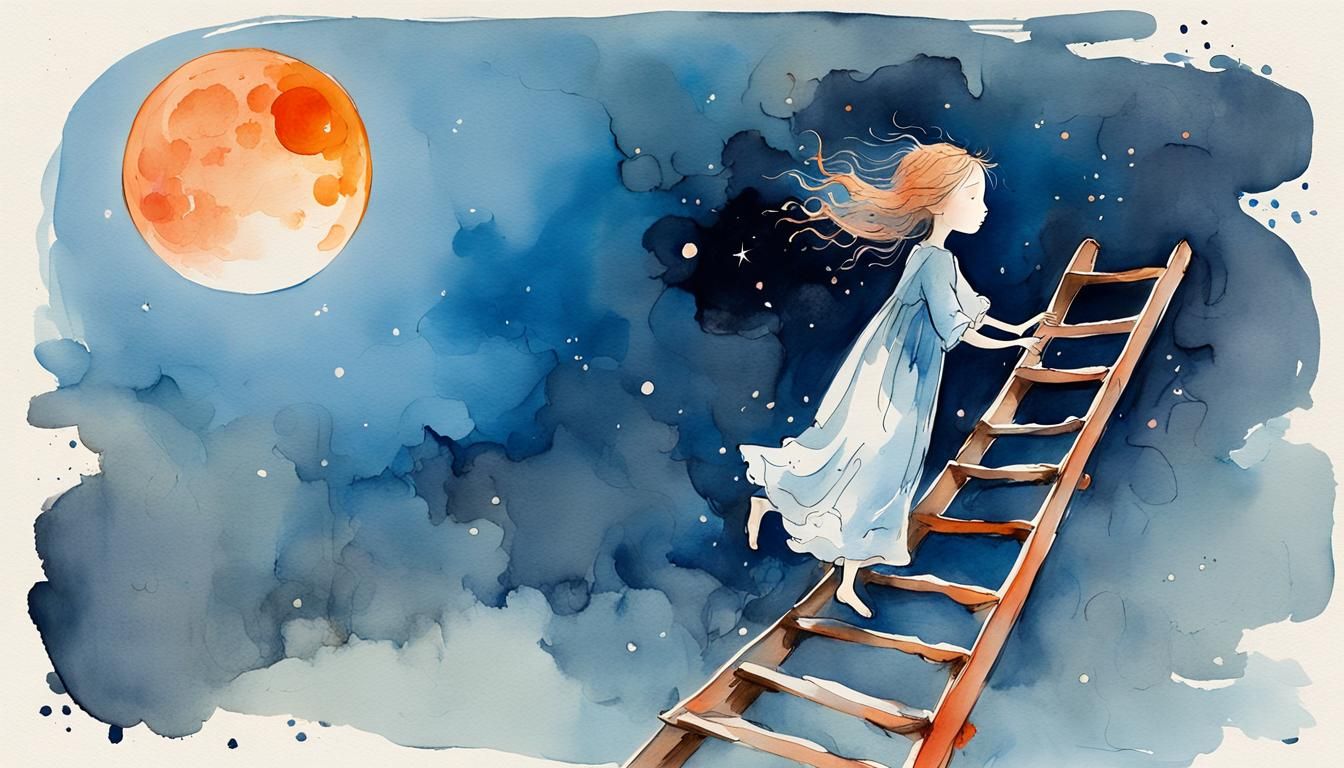 Girl Climbing to Moon in Expressive Watercolor Style