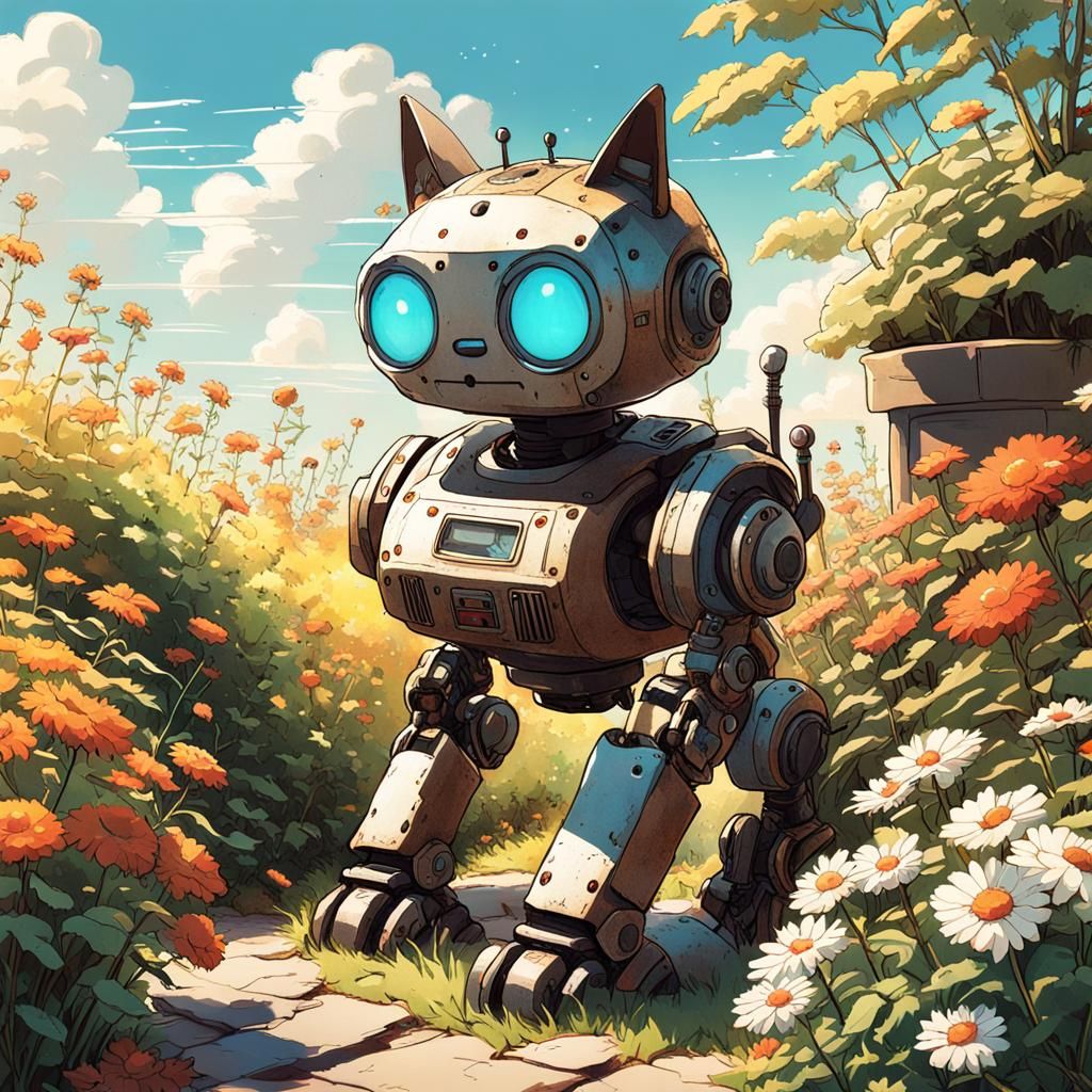 Robot and Cat in Ghibli Anime Style