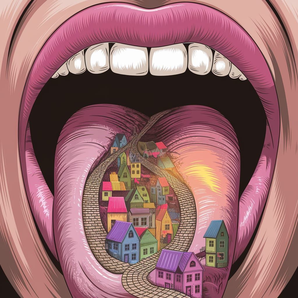 Village Inside Mouth in Whimsical Style