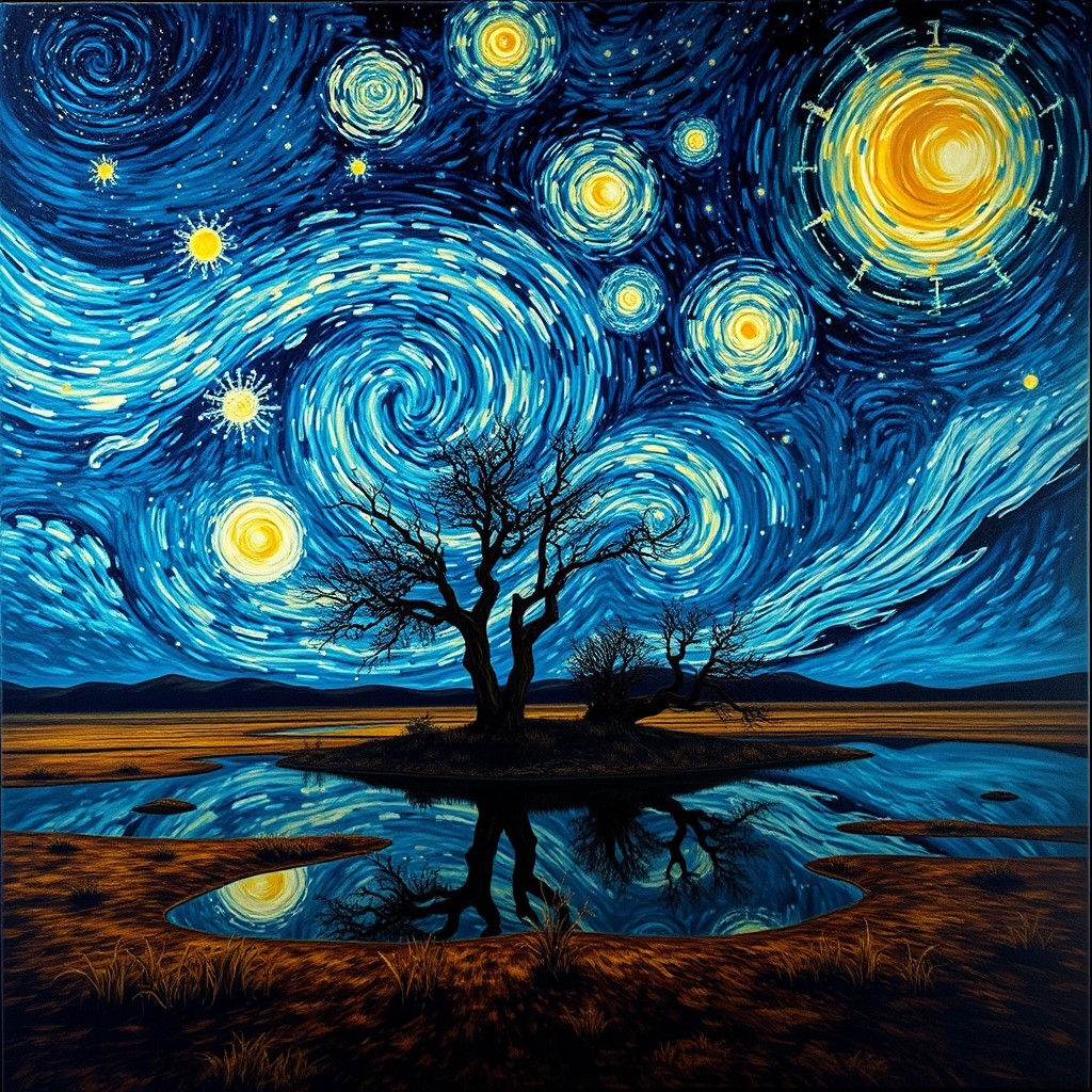 Okavango River Reflection in Starry Night Style