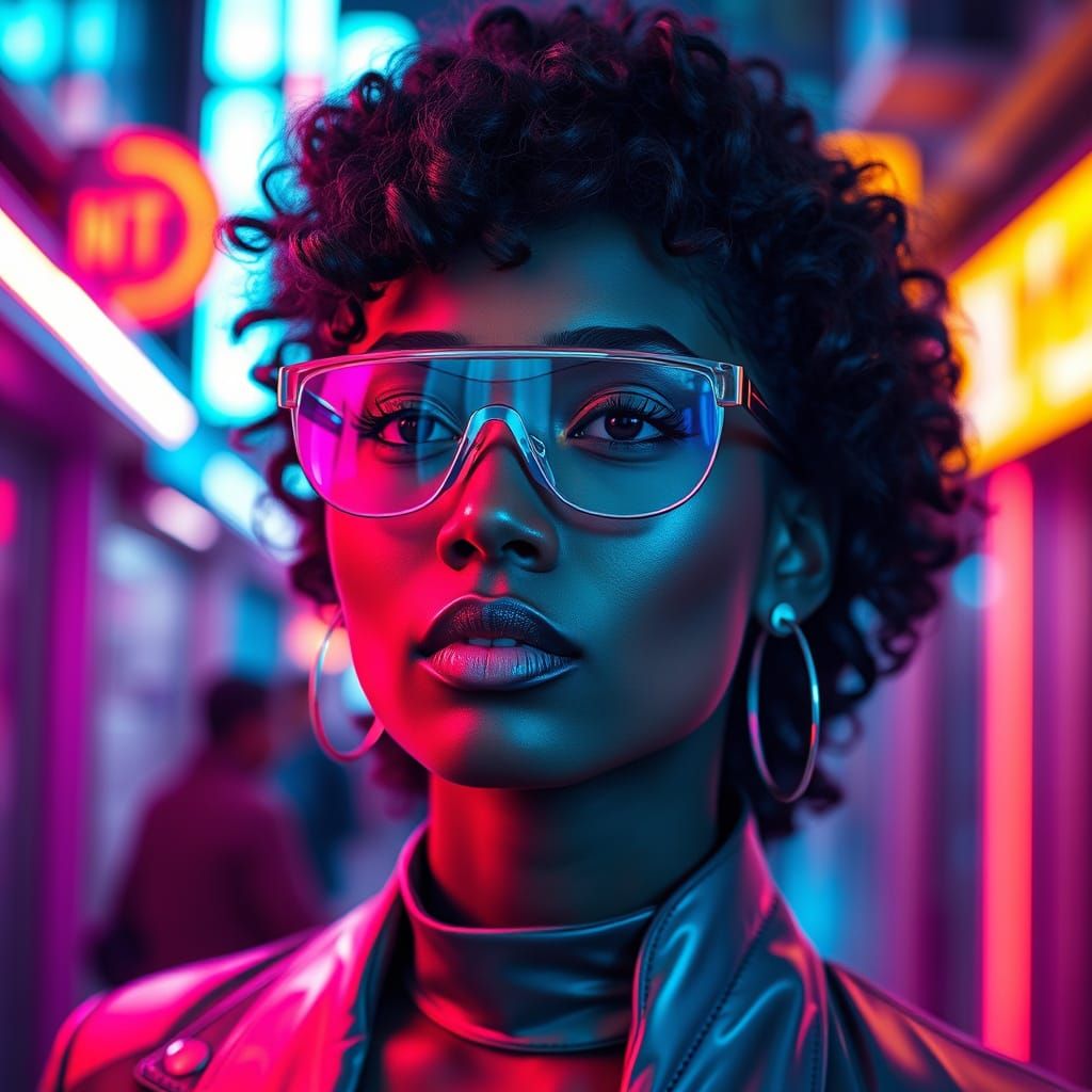 Futuristic Afro-Japanese Beauty in Neon Cityscape