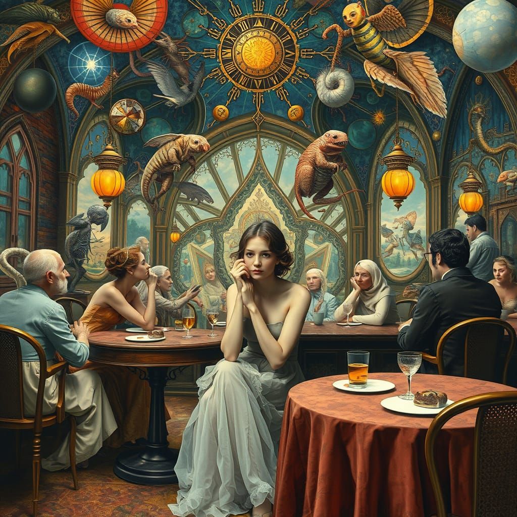 Surreal Cafe Scene with Sacred Geometry
