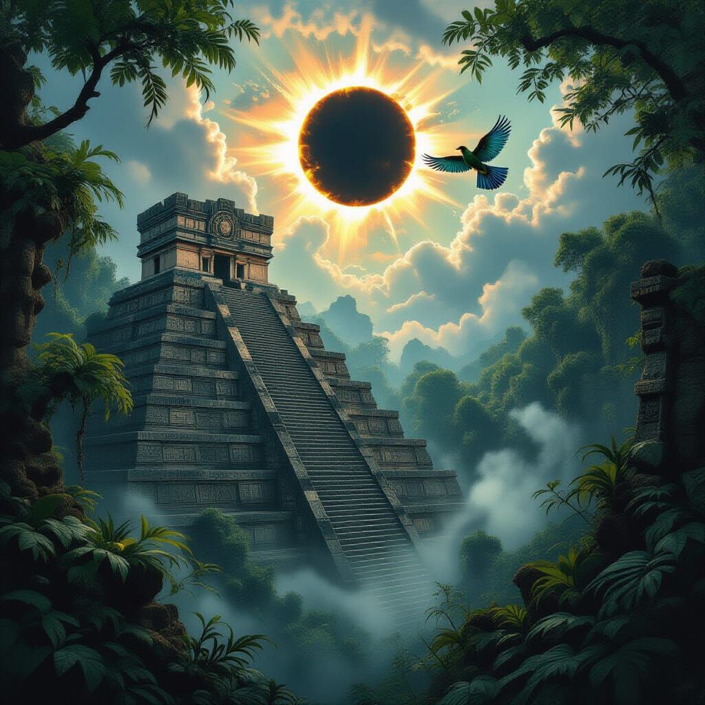 Mayan and Aztec Pyramids in Jungle, Solar Eclipse