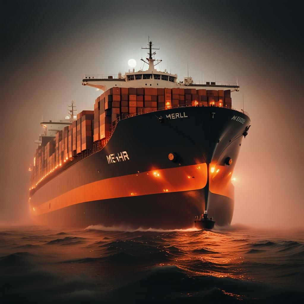 Cargo Ship "Mehr Pride" in Dense Fog, Cinematic Lighting