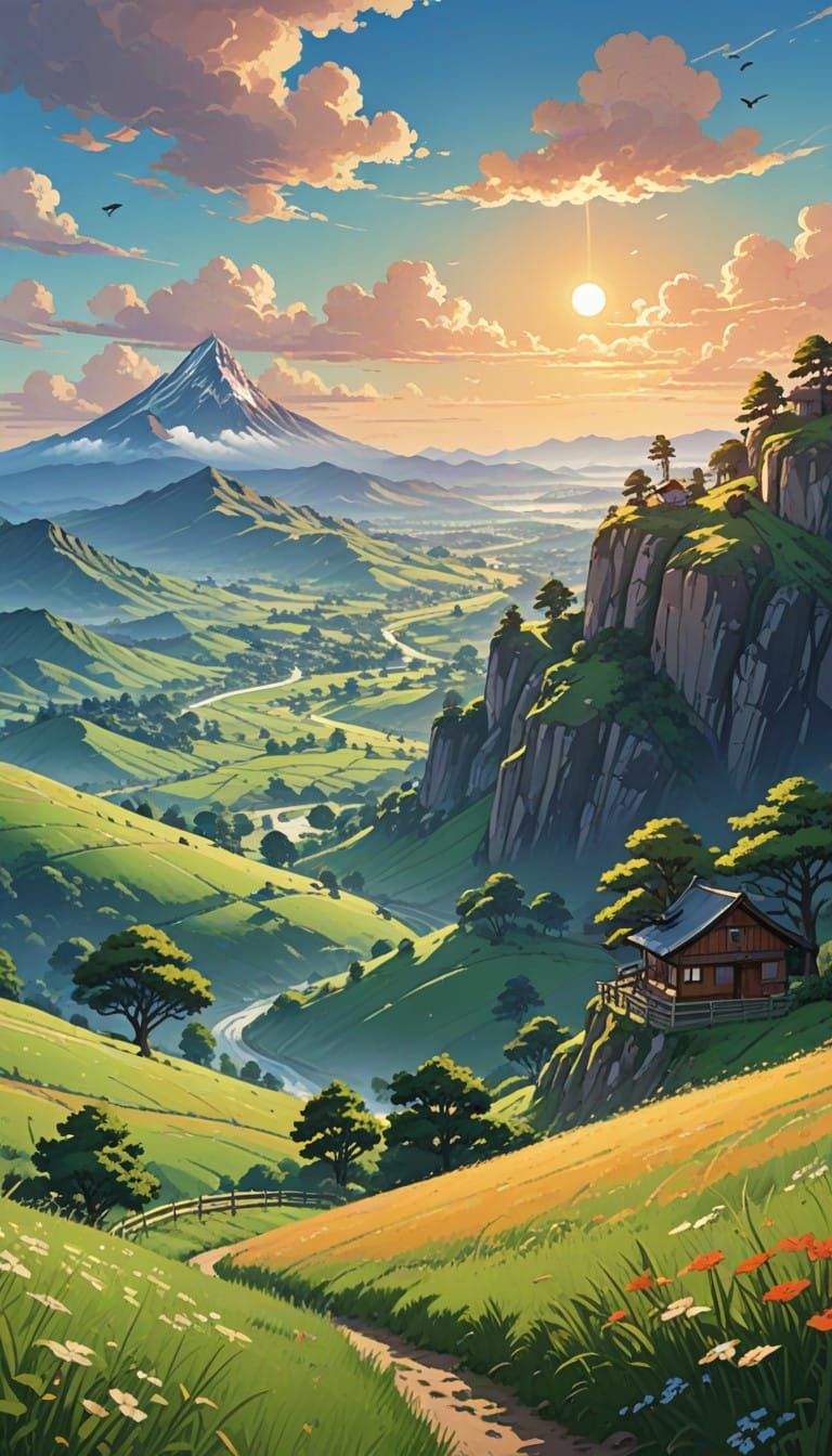 Vast Green Fields Under Golden Light in Anime-Inspired Lands...