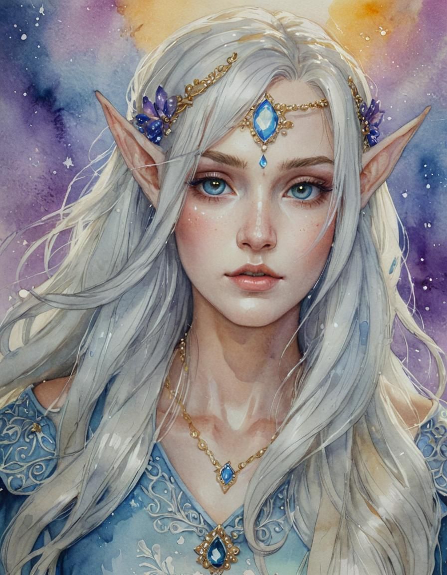 Snow Elf Portrait in Alcohol Ink Watercolor Style