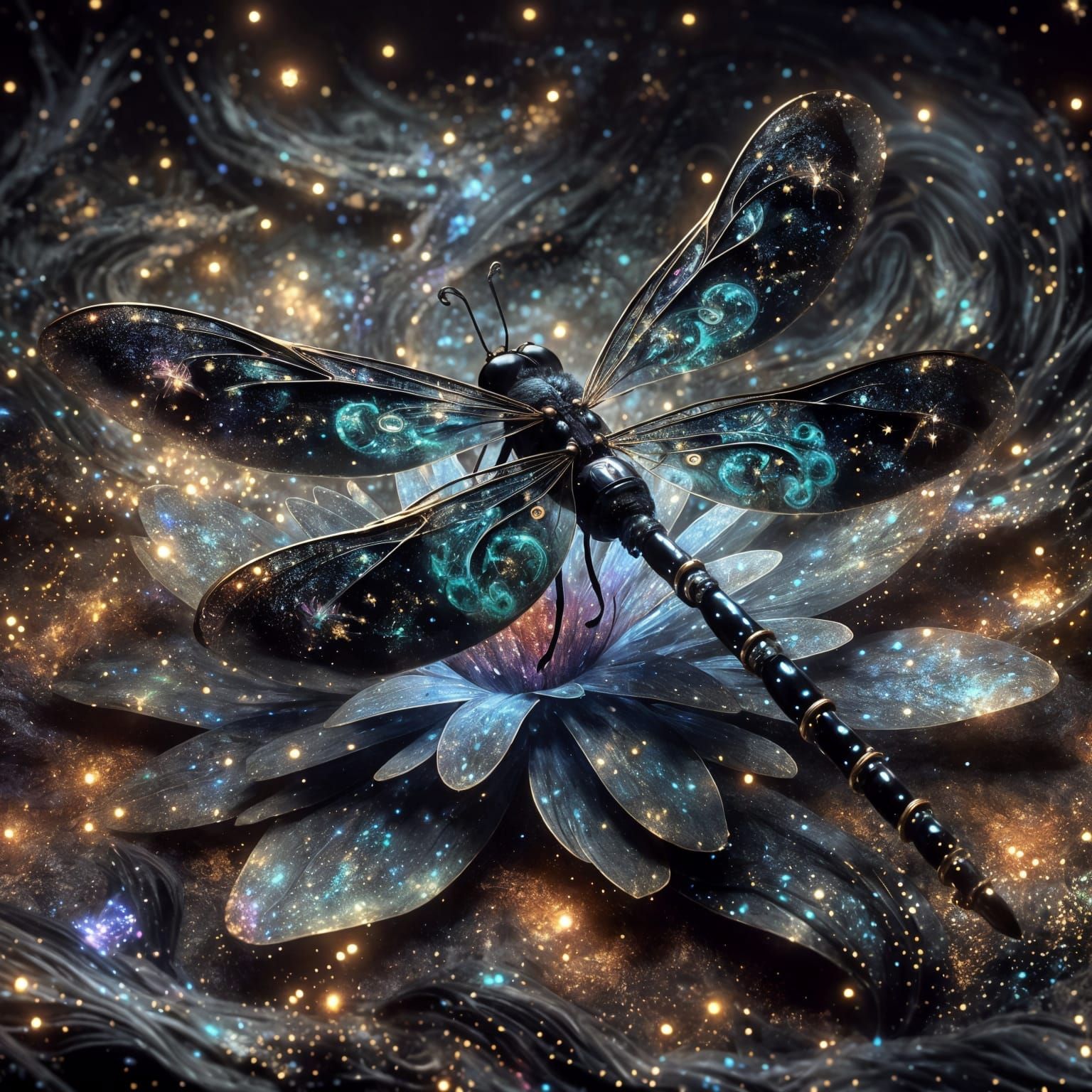 Iridescent Dragonfly on Bioluminescent Flower, Maximalist St...