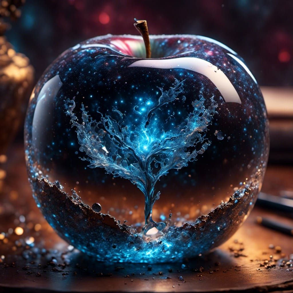 Galaxy in Cracked Crystal Apple, Hyperrealistic Miniature