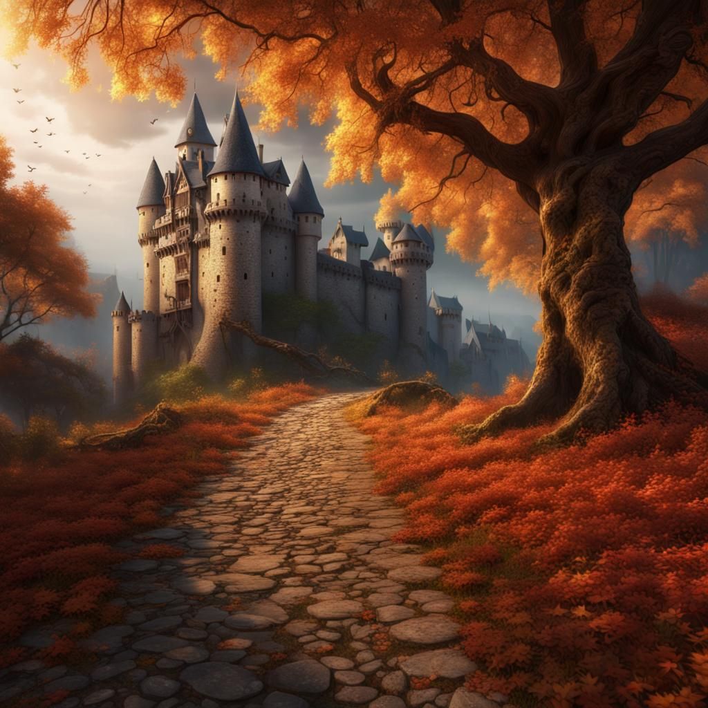 Medieval Castle Road with Ancient Maple Trees