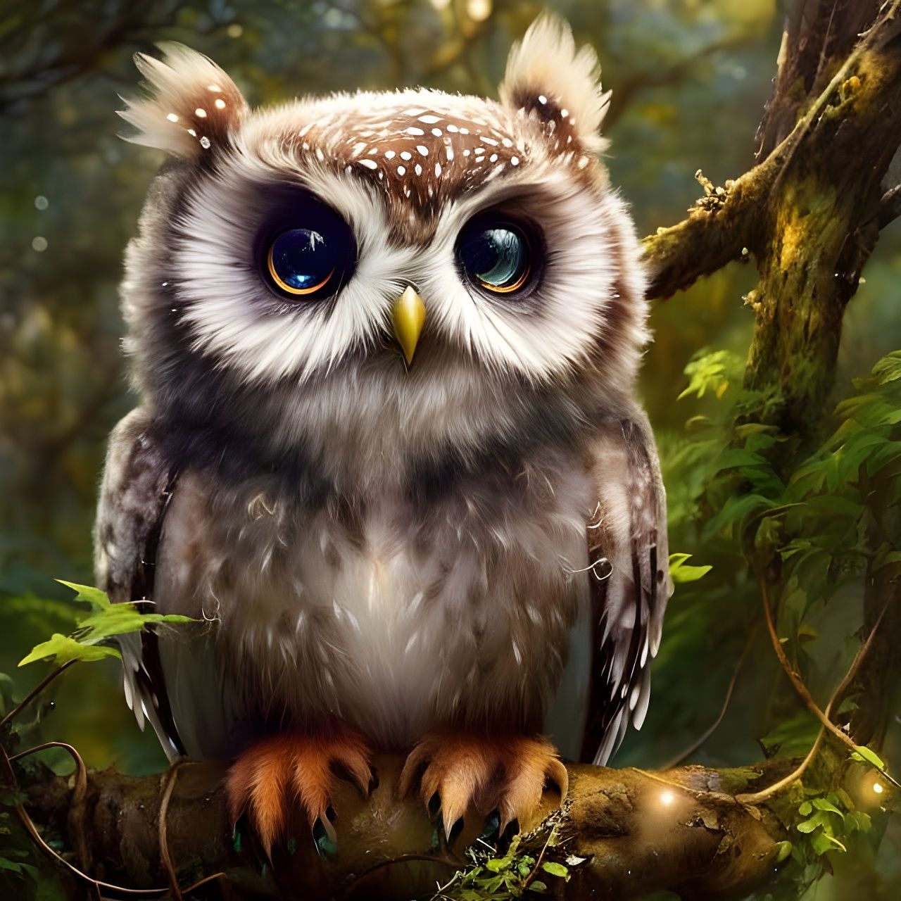 Chibi Owlbear Cub in Fantasy Forest, Fantasycore Art