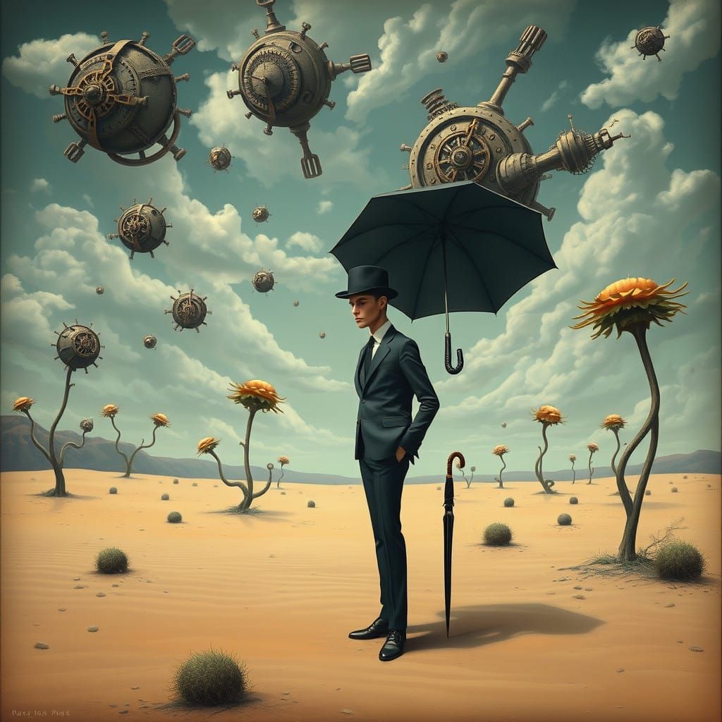 Surreal Desert Figure in a Clockwork Sky