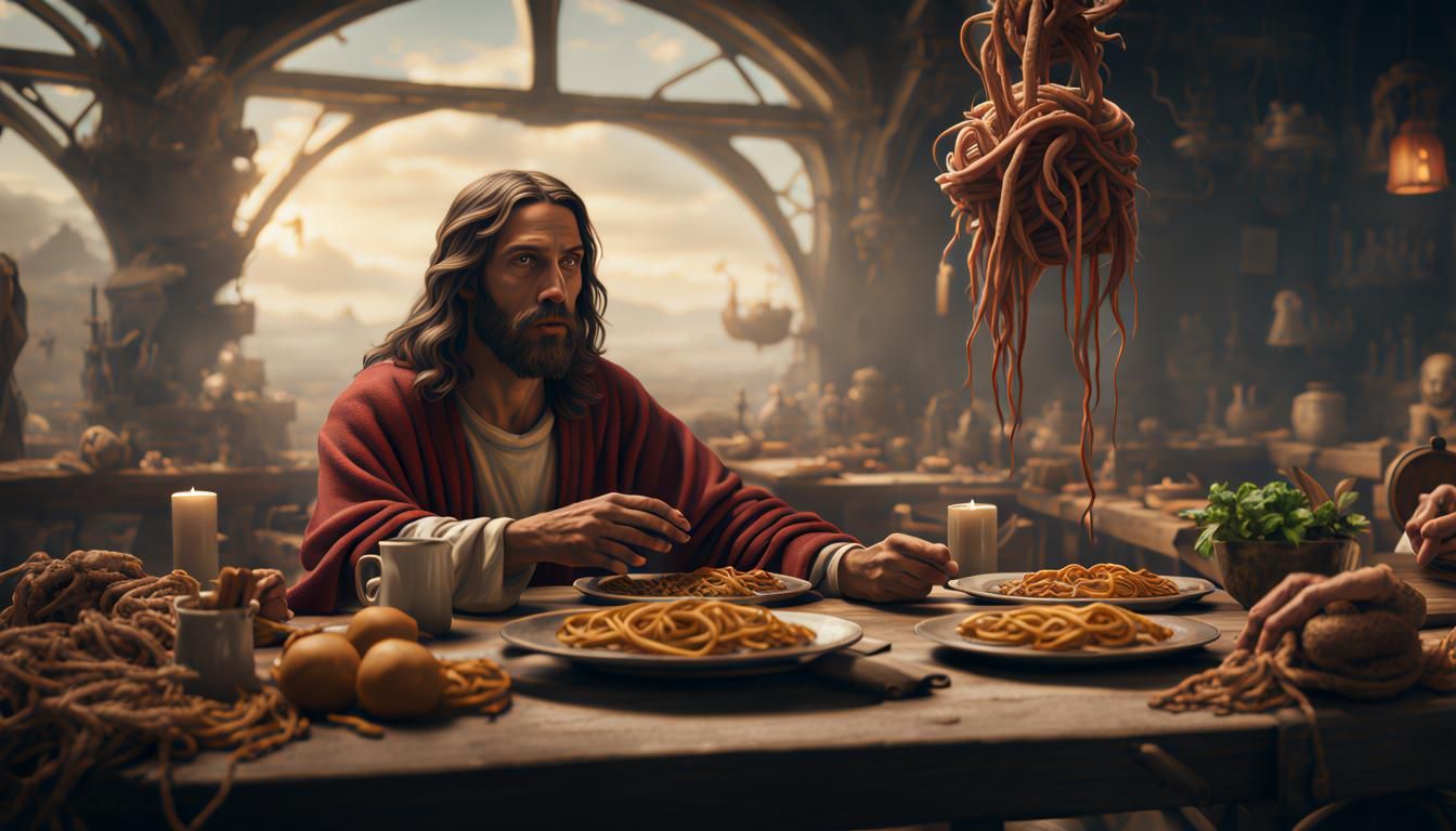 Jesus and Flying Spaghetti Monster: Detailed Matte Painting