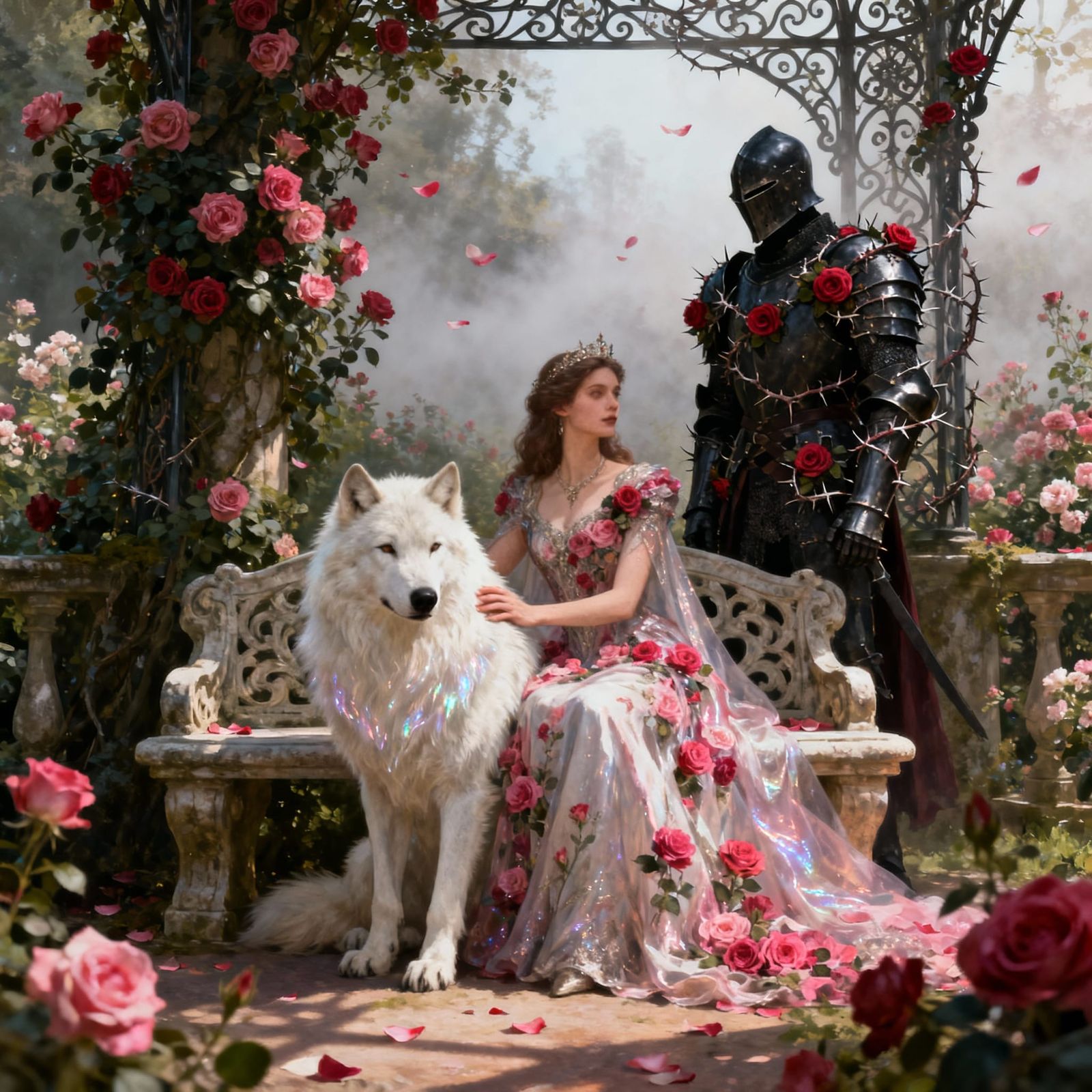Queen of Roses with Wolf and Knight in Gothic Garden