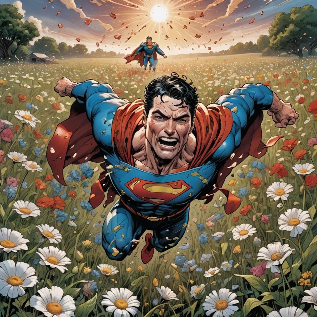 Superman Sneezing in a Flower Field, Comic Book Art