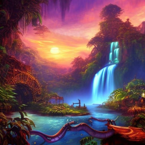 Steampunk Jungle River Sunset in Detailed Matte Painting