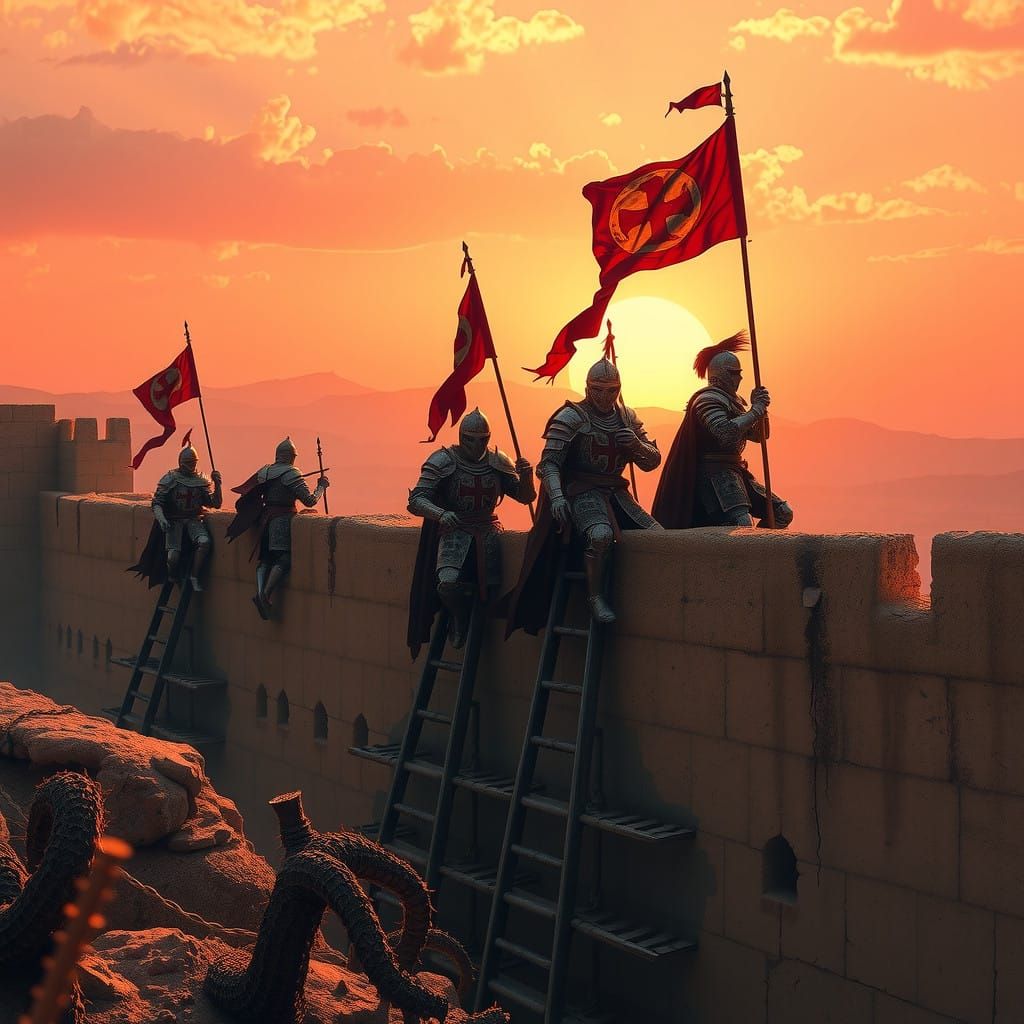 Medieval Knights Ascend Ancient Jericho Walls in Ornate Armo...
