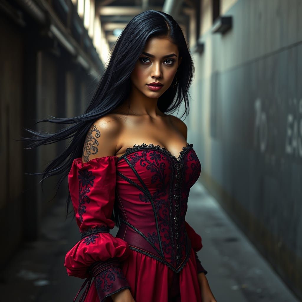 Elegant Latina Warrior in Crimson Gown