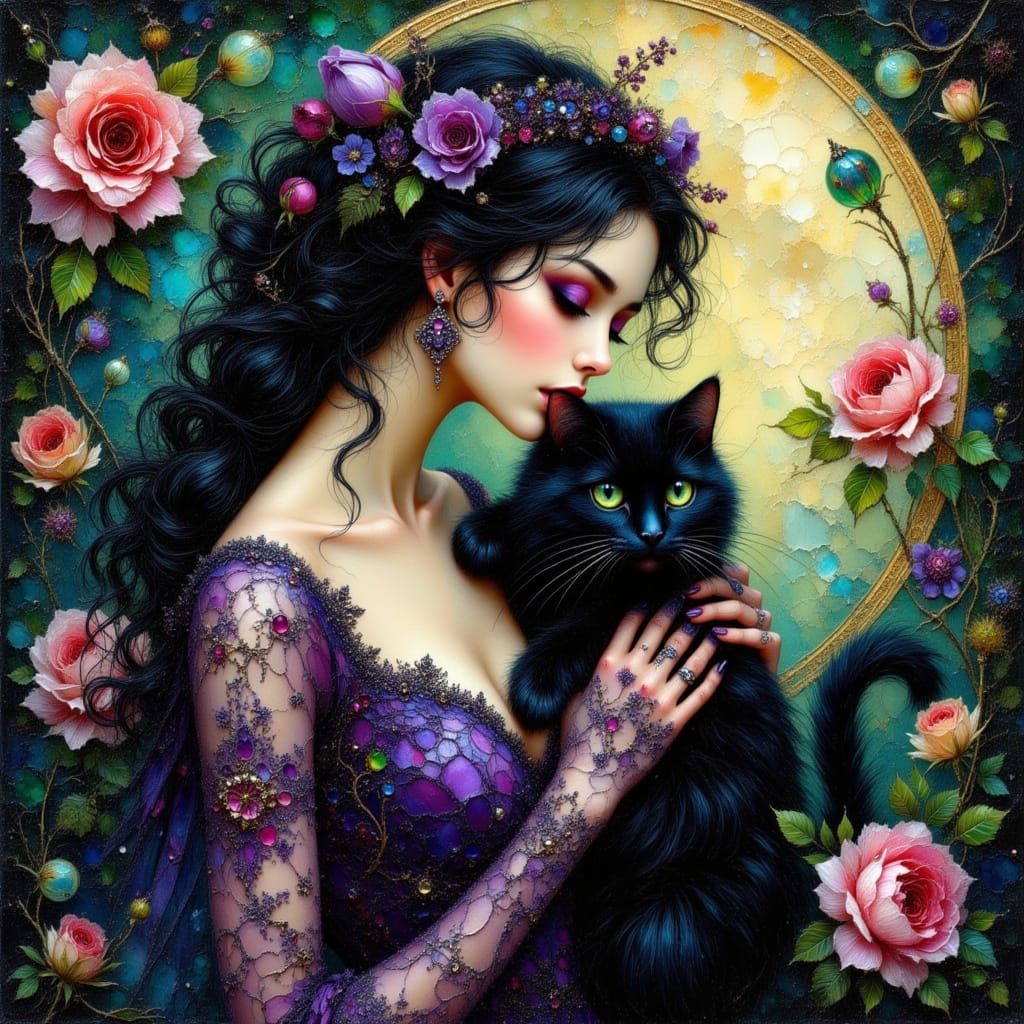Art Nouveau Woman with Cat in Moonlight