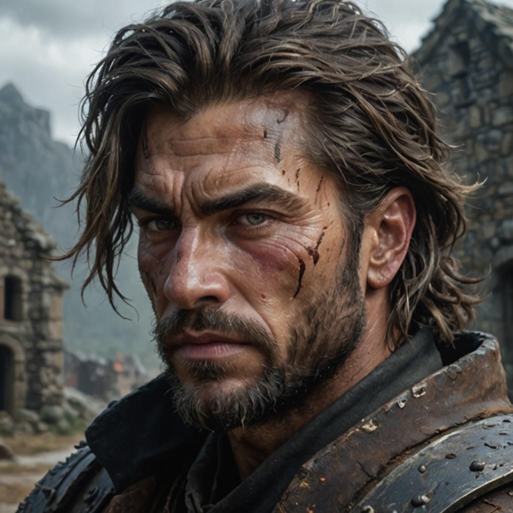 Weathered Warrior Portrait with Dramatic Lighting