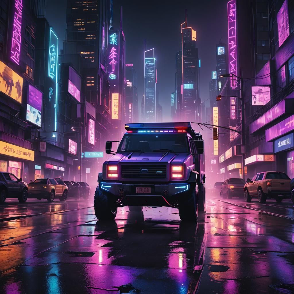 Cyberpunk Cybertruck Speeds Through Neon City