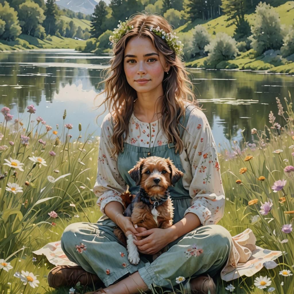Woman with Puppy in Meadow: Delicate Floral Watercolor