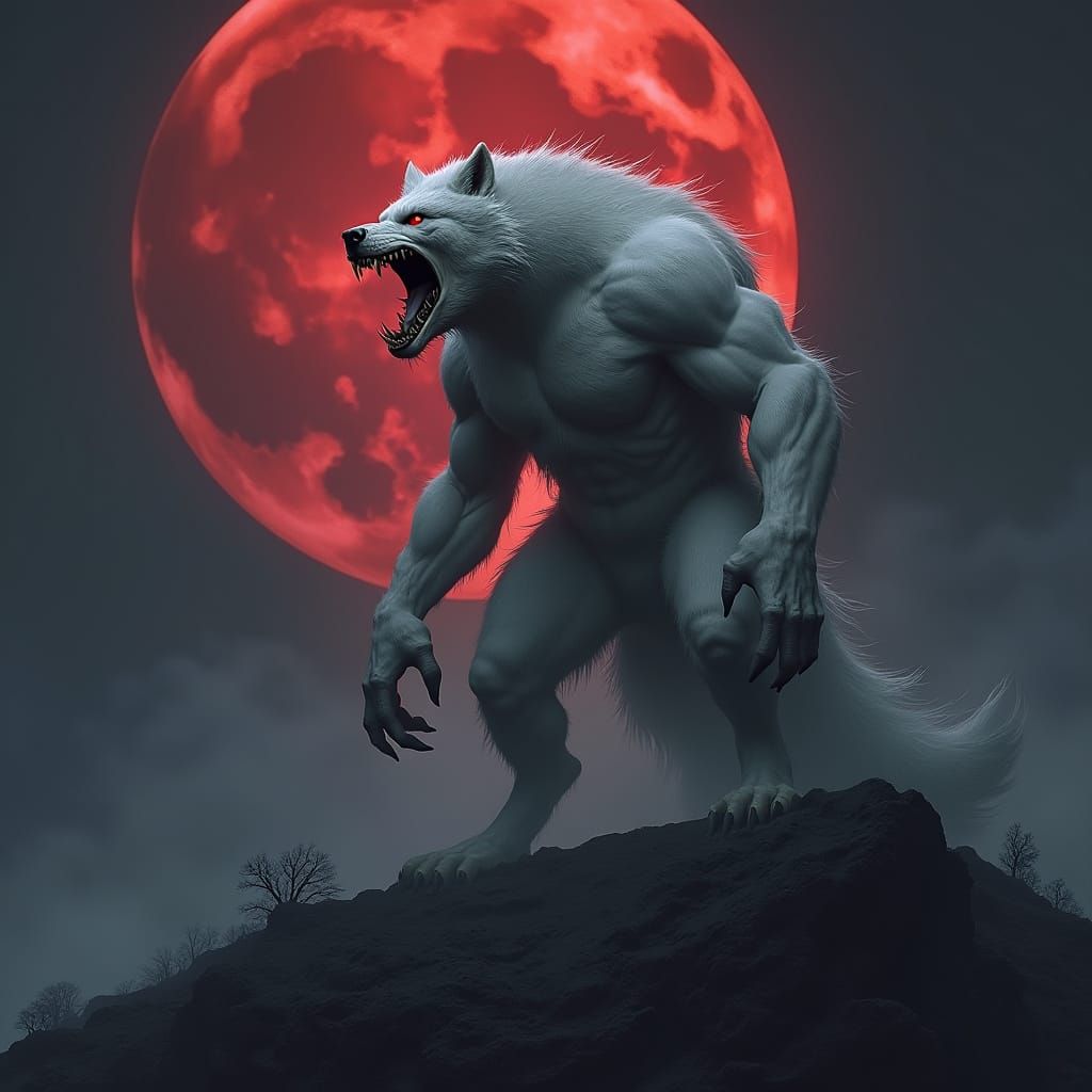 Gothic Dire Wolf Towers Over Dark Landscape with Red Moon