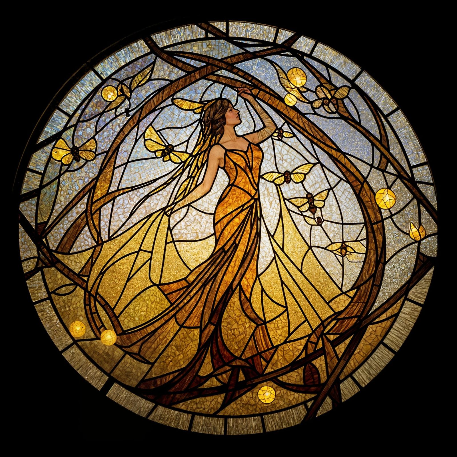 Entangled Firefly Dance in Stained Glass Style