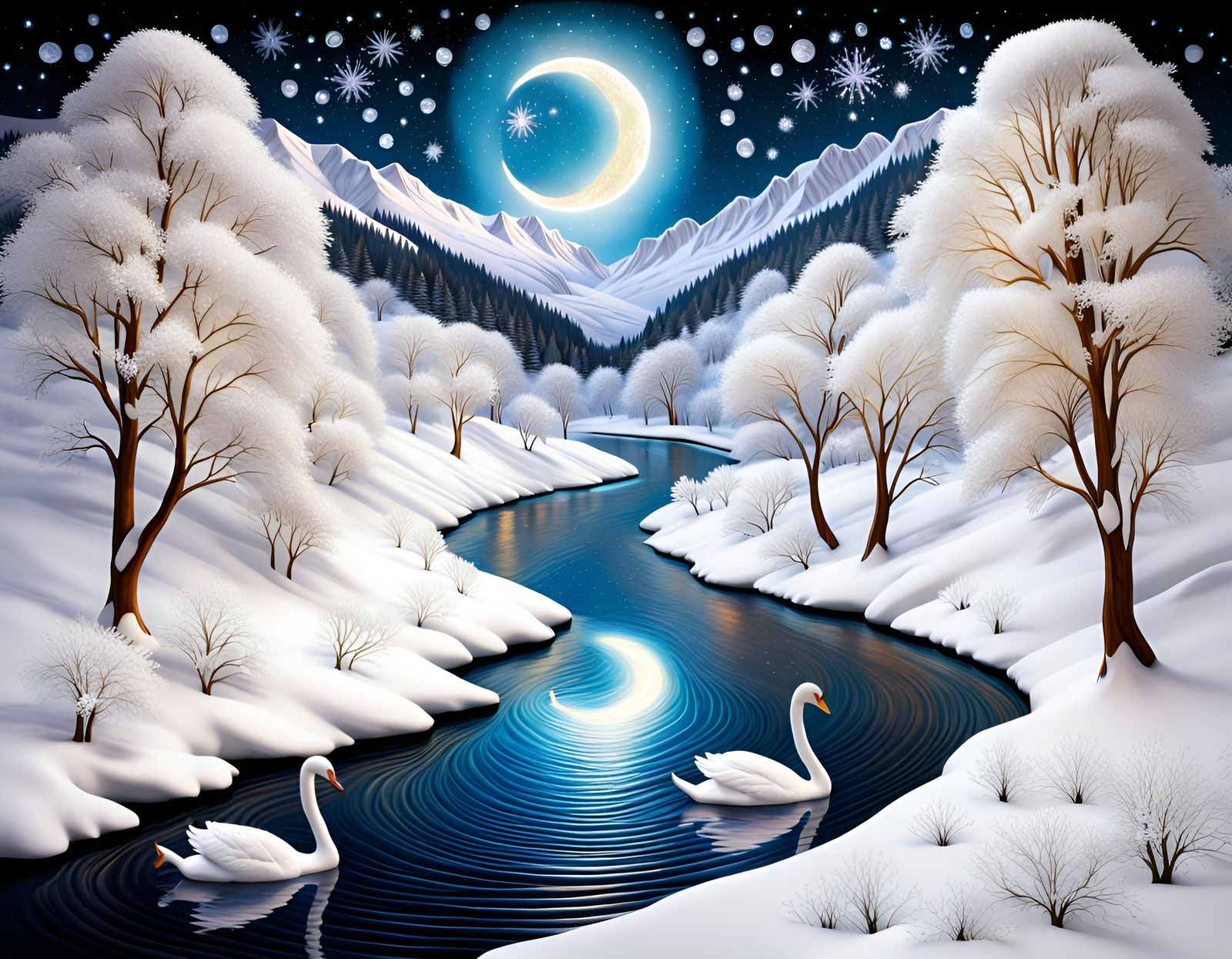 Bioluminescent River Valley with Swans in 3D