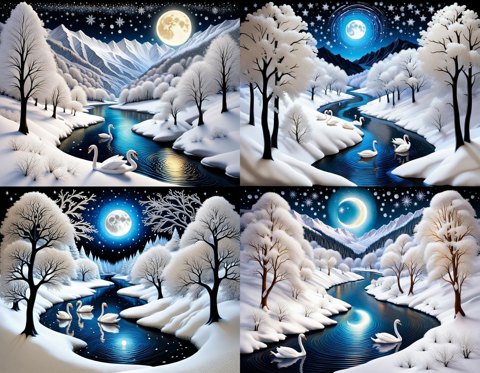 Bioluminescent River Scene in Snowy Valley at Night