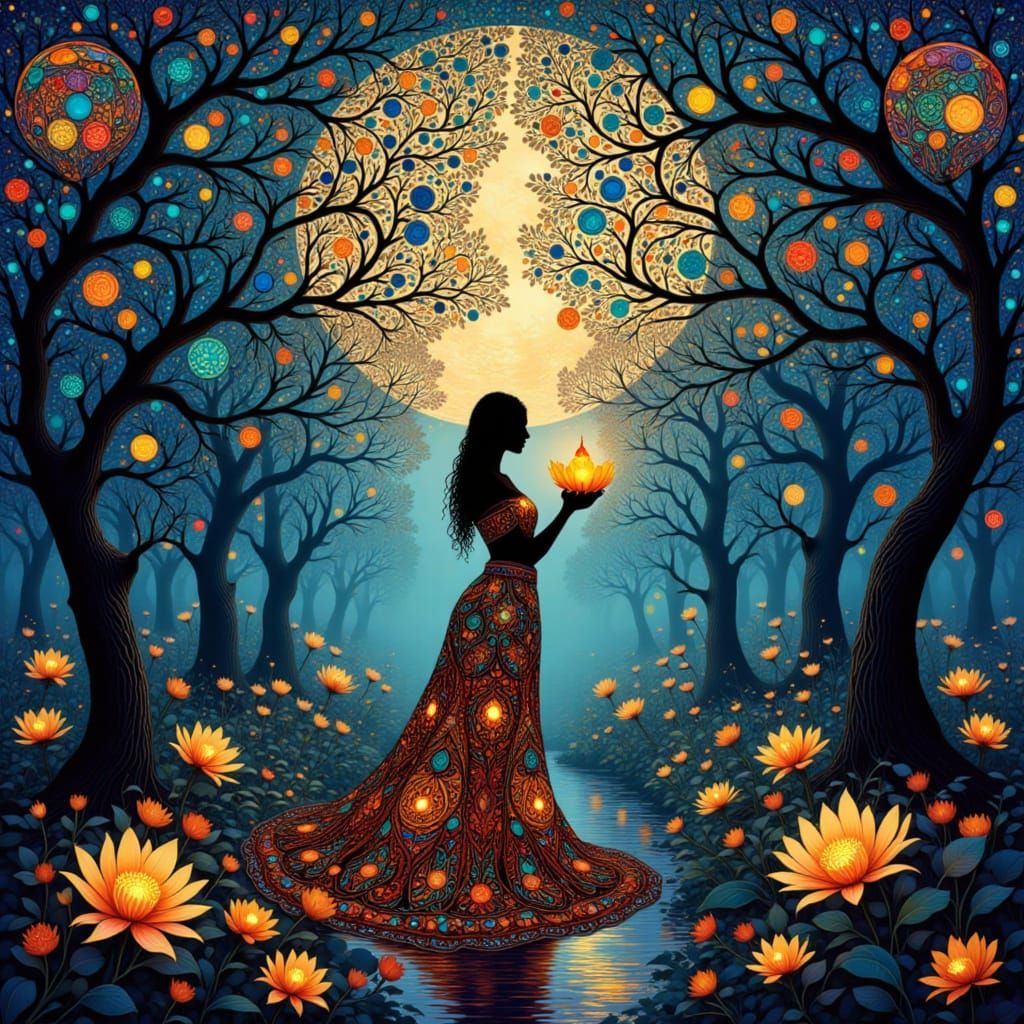 Art Nouveau Forest of Glowing Stained Glass Trees