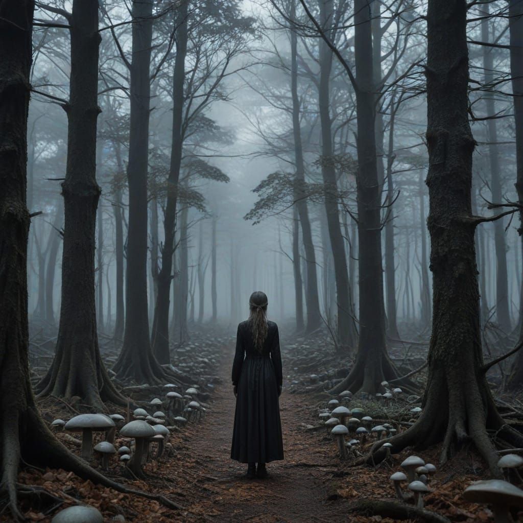 Woman Surrounded by Glowing Mushrooms in a Dark, Ominous For...