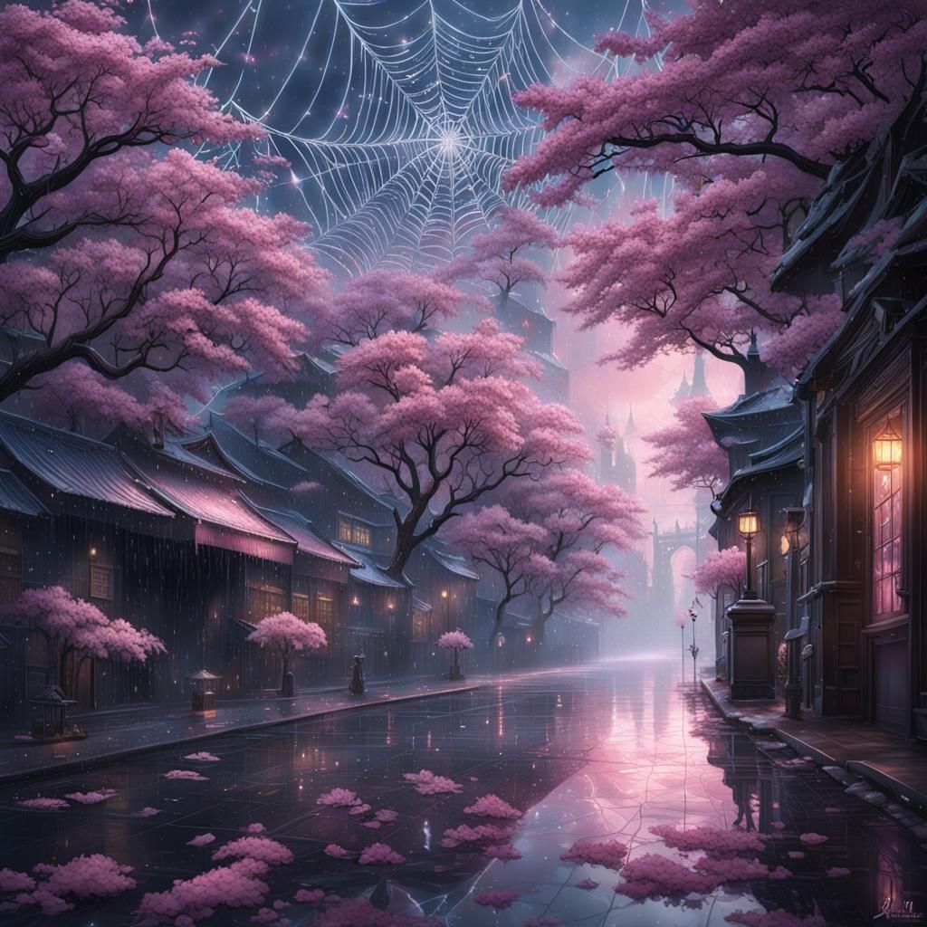 Rain-Kissed Spiderweb with Cherry Blossoms: Digital Art