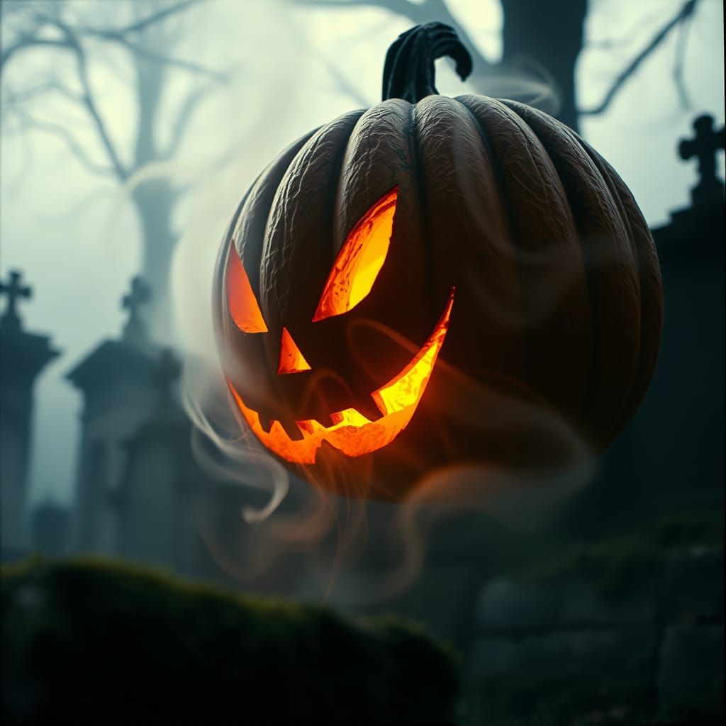Ethereal Jack'o Lantern in Mist-Shrouded Graveyard