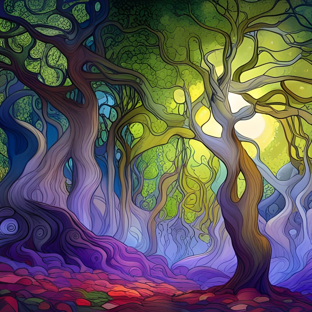 Utopian Grove: Alphonse Mucha-Inspired Digital Art