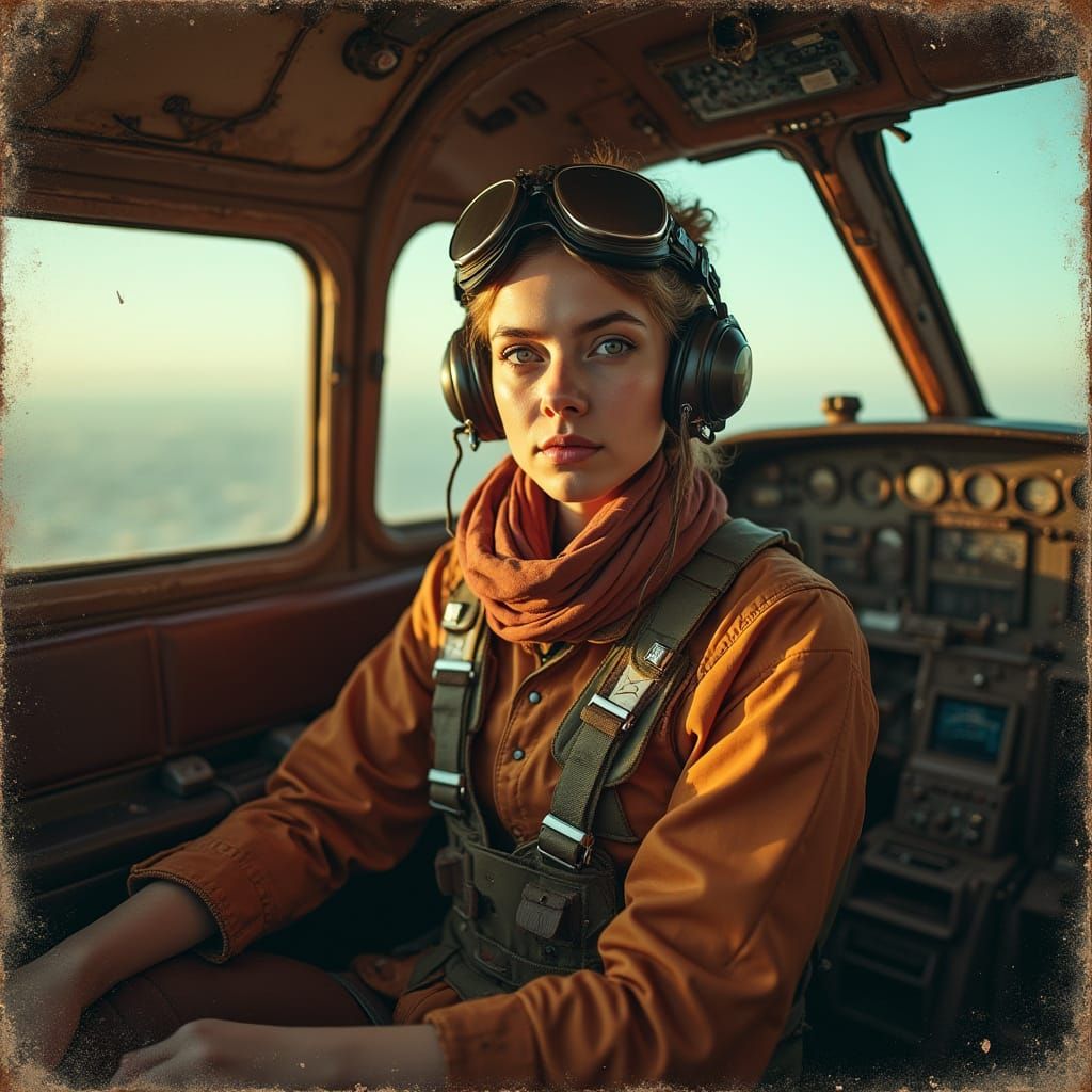 Vintage Avant-Garde Pilot Portrait in Distressed Digital Sty...