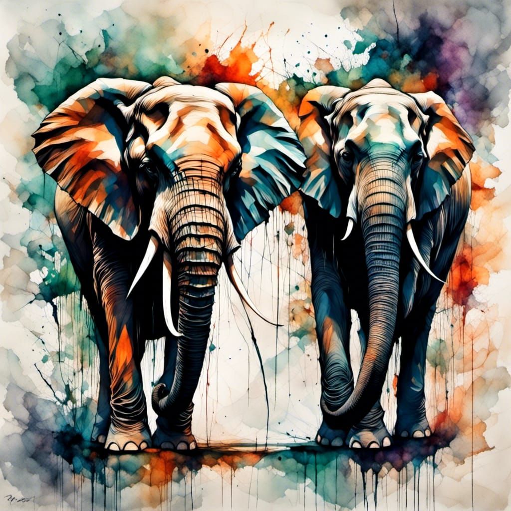 Elephants Embrace in Vivid Colors