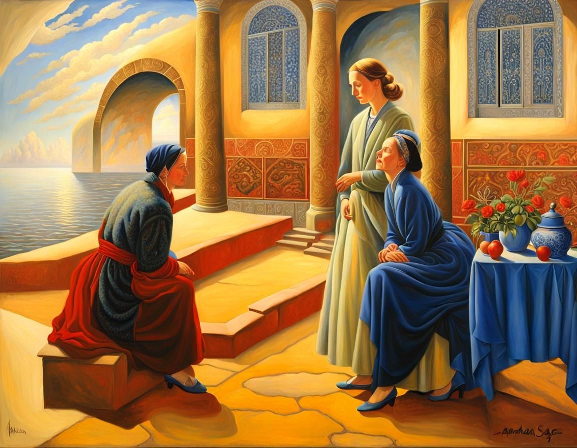 Mysterious Figure in Courtyard: Hyperrealistic Painting