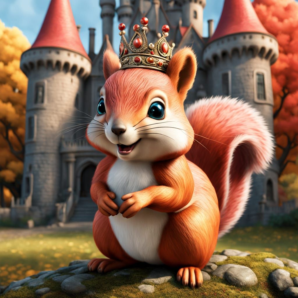 Chibi Squirrel Princess with Castle, Hyperrealistic