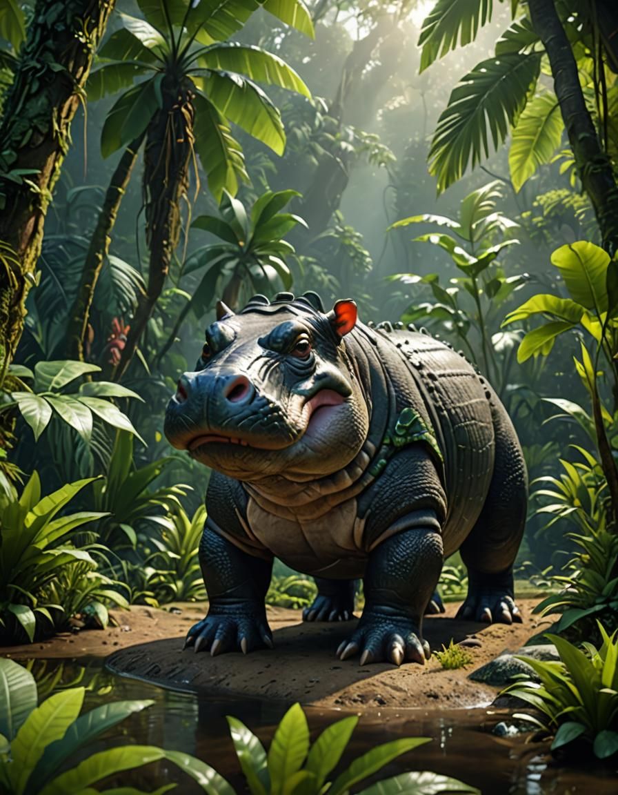 Hippo-Alligator Hybrid in Jungle, 3D Game Art
